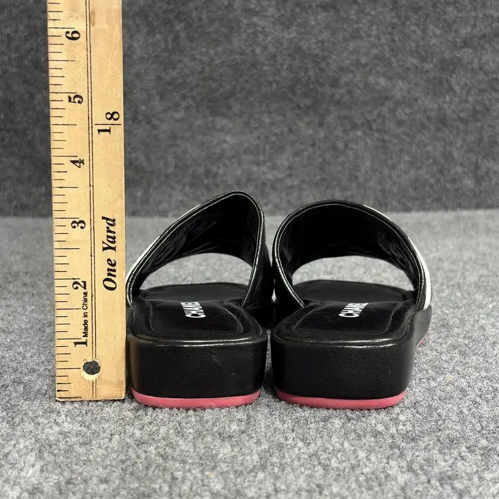 Chanel Cambon Slide Sandals Womens 5.5 Black Leather Quilted Logo Flat Shoe Pink